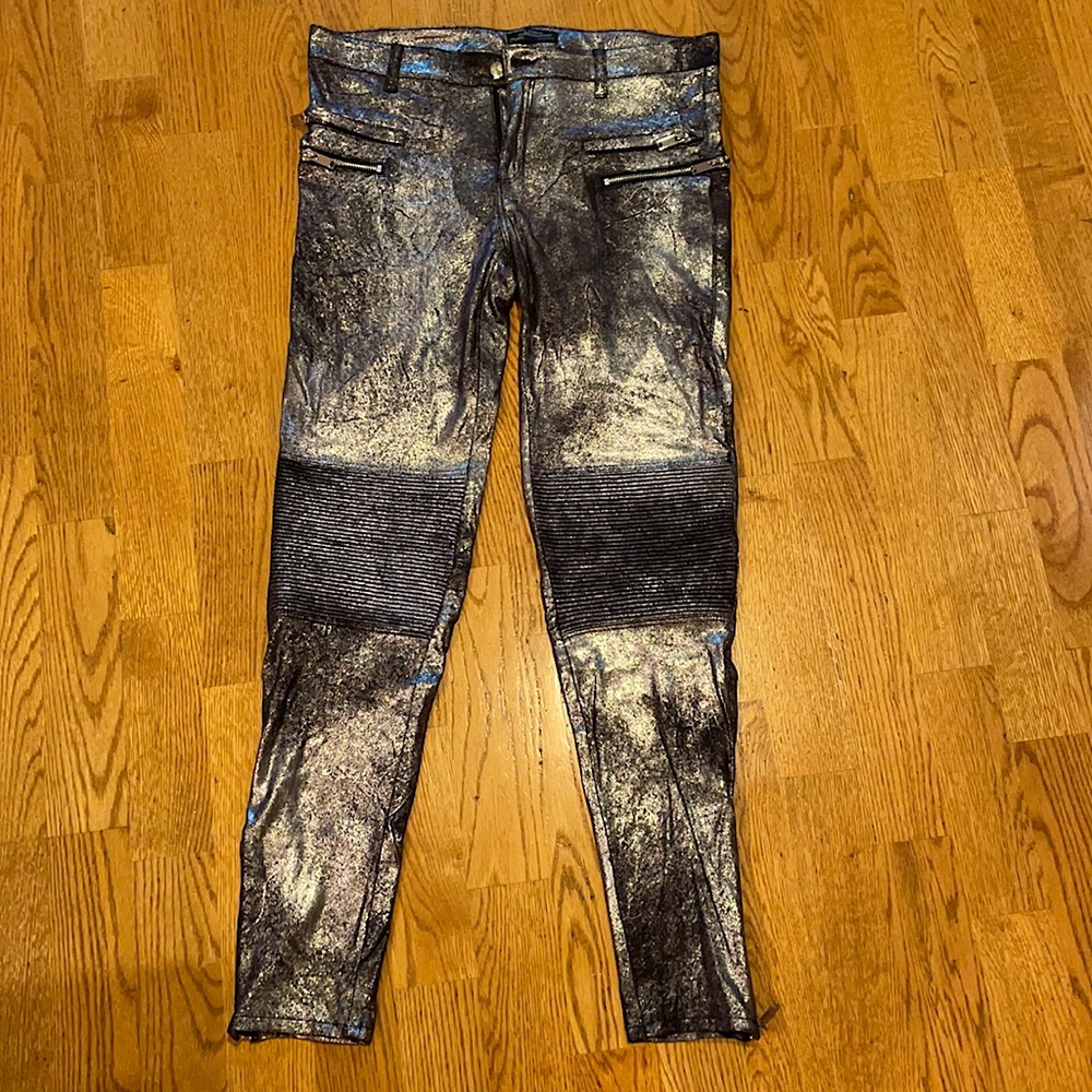 Zara suede metallic silver low-rise moto jeans (M)